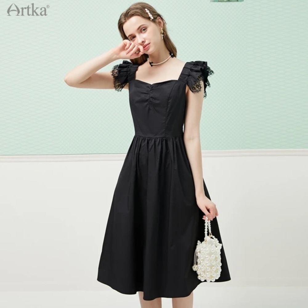 Artka black dress with lace sleeves